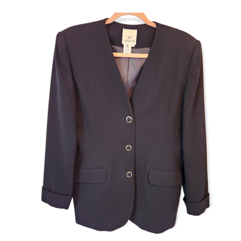 En Avance Women's Black 3 Button Wool Jacket Blazer Size 10